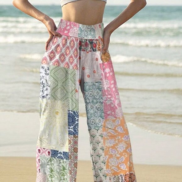 Multicolor Boho Women's Ditsy Floral Print Loose Pants - Picture 1 of 7